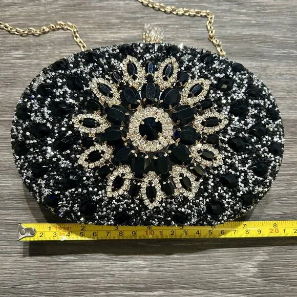 NEW Ramla Bejeweled Crystal Evening Bag Black Gold Chain Strap Top Handle Prom - Picture 8 of 11